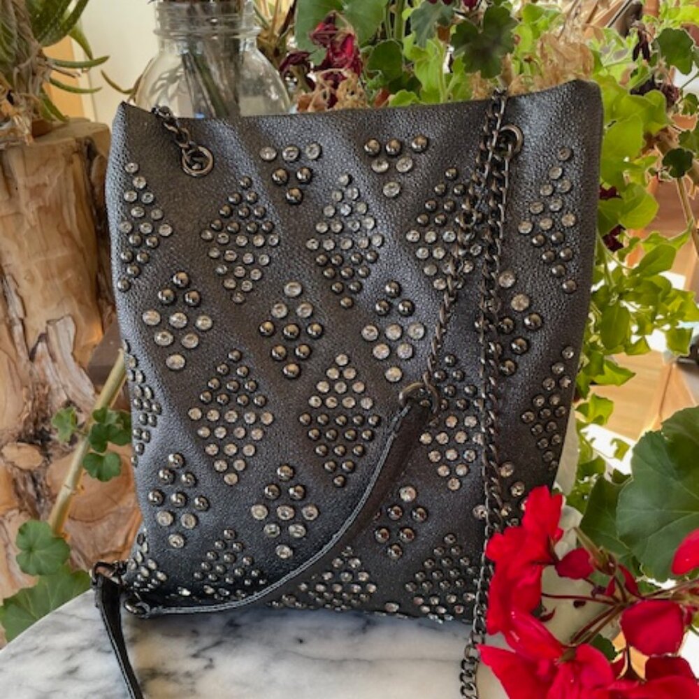 Yaumi K Gunmetal Studded Rhinestone Geometric Crossbody or Shoulder  bag